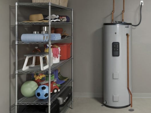 Smart Water Heater in Basement Near Storage Rack