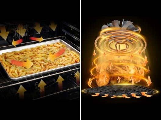 Side-by-side comparison of a convection oven's heat flow and an air fryer's heat flot