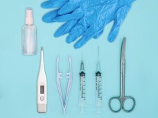 First aid equipment on blue background