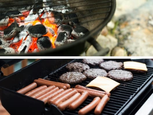 Split screen with charcoal grill on the top and gas grill on the bottom