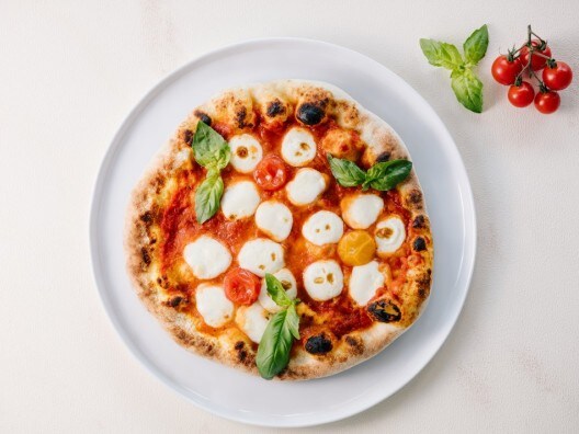 Overhead view of a mozzarella flower pizza