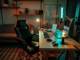 A gaming space with various lights all around