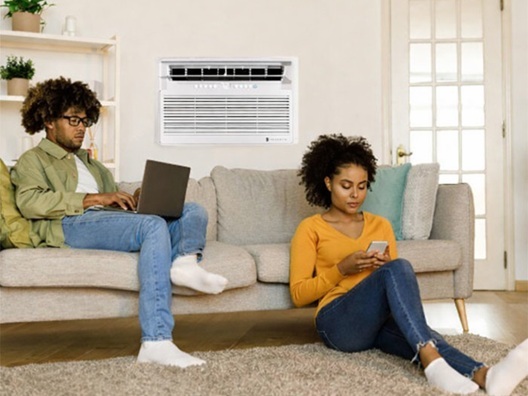 A couple lounging in front of an AC unit.