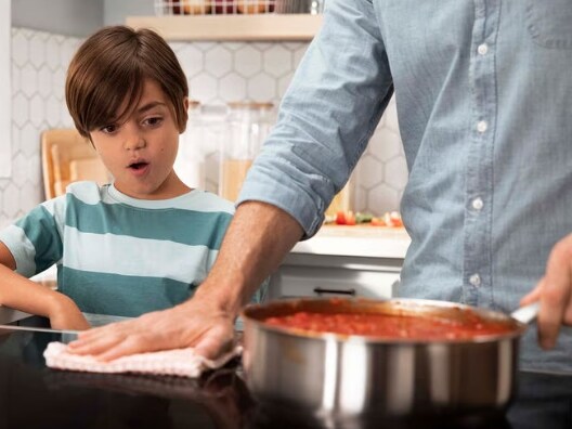 A young boy watches someone wipe down and cook on an induction range.
