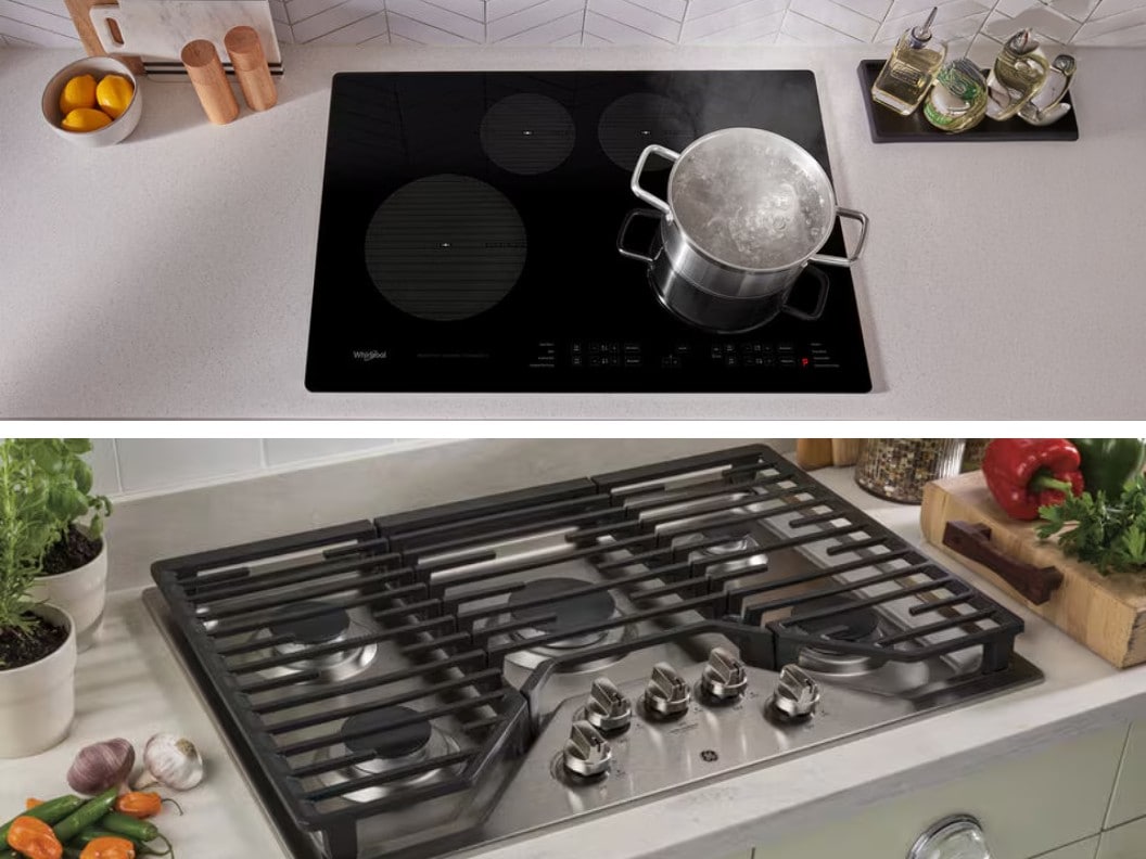 An image of a pot of water boiling on induction cooktop above an image of a gas cooktop surrounded by ingredients.