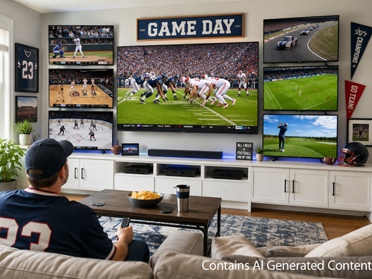 A man watching seven different TVs with sports on them.
