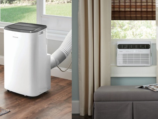A side by side image of a portable air conditioner and a window air conditioner.