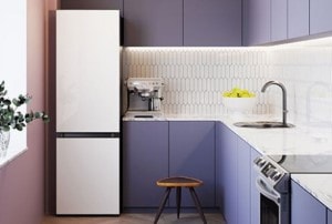 Apartment-size refrigerator in an apartment kitchen