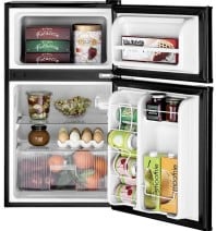 Mini fridge with freezer, both doors open