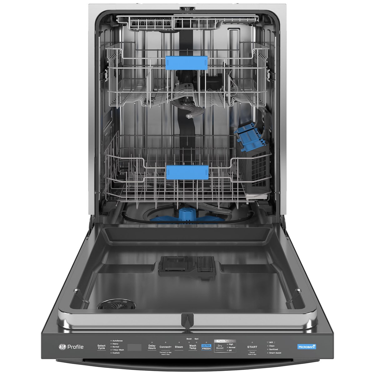 GE Profile 24 in. Top Control Flush-Mount Smart Dishwasher with 39 dBa Sound Level, 3rd-Rack & Twin Turbo Dry Boost - Fingerprint resistant Black Stainless, , hires