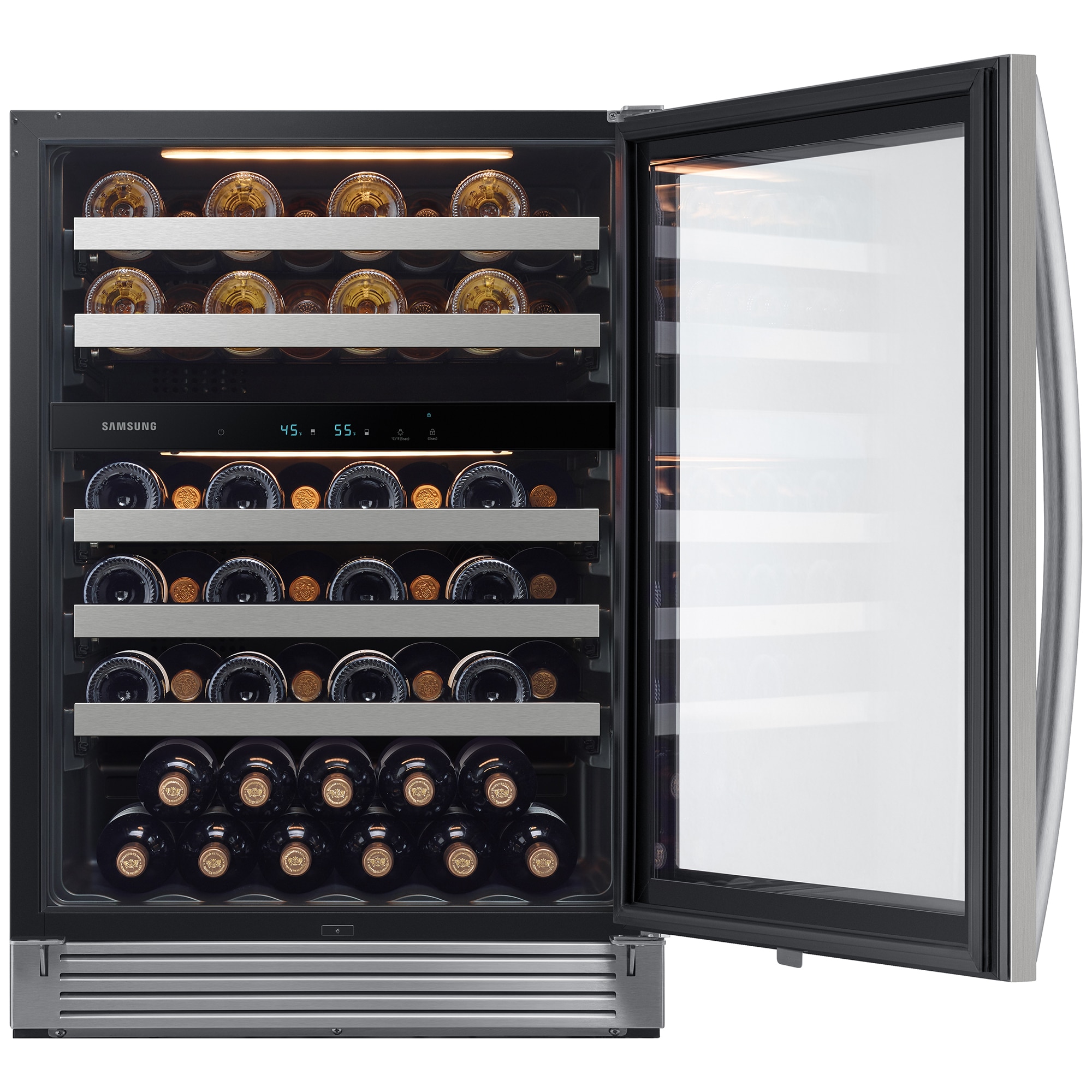 Samsung 24 in. Undercounter Wine Cooler with Wire Racks, Dual Temperature Zones & 51 Bottle Capacity - Stainless Steel, , hires