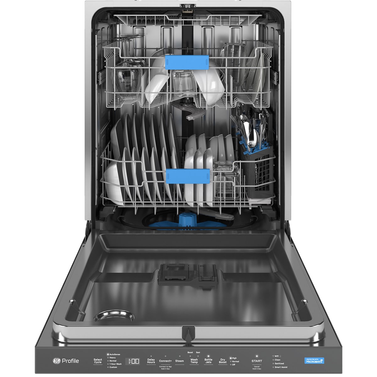 GE Profile 24 in. Top Control Flush-Mount Smart Dishwasher with 44 dBa Sound Level, 3rd-Rack, Dry Boost & Pocket Handle - Fingerprint Resistant Stainless, , hires