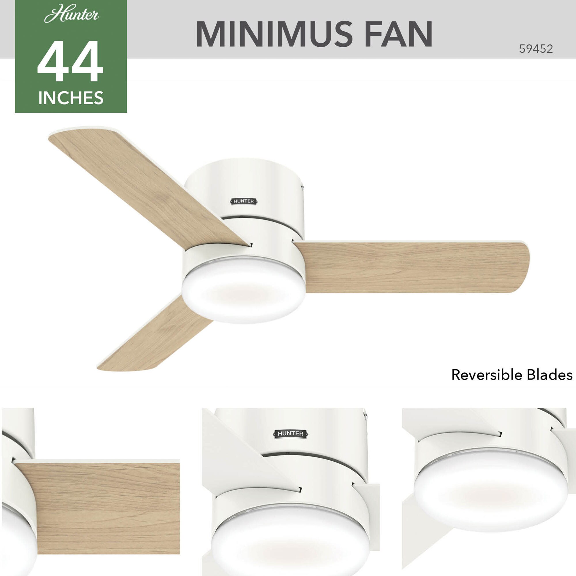 Hunter 44" Minimus Low Profile Ceiling Fan with LED Light Kit and Handheld Remote - Fresh White, White, hires