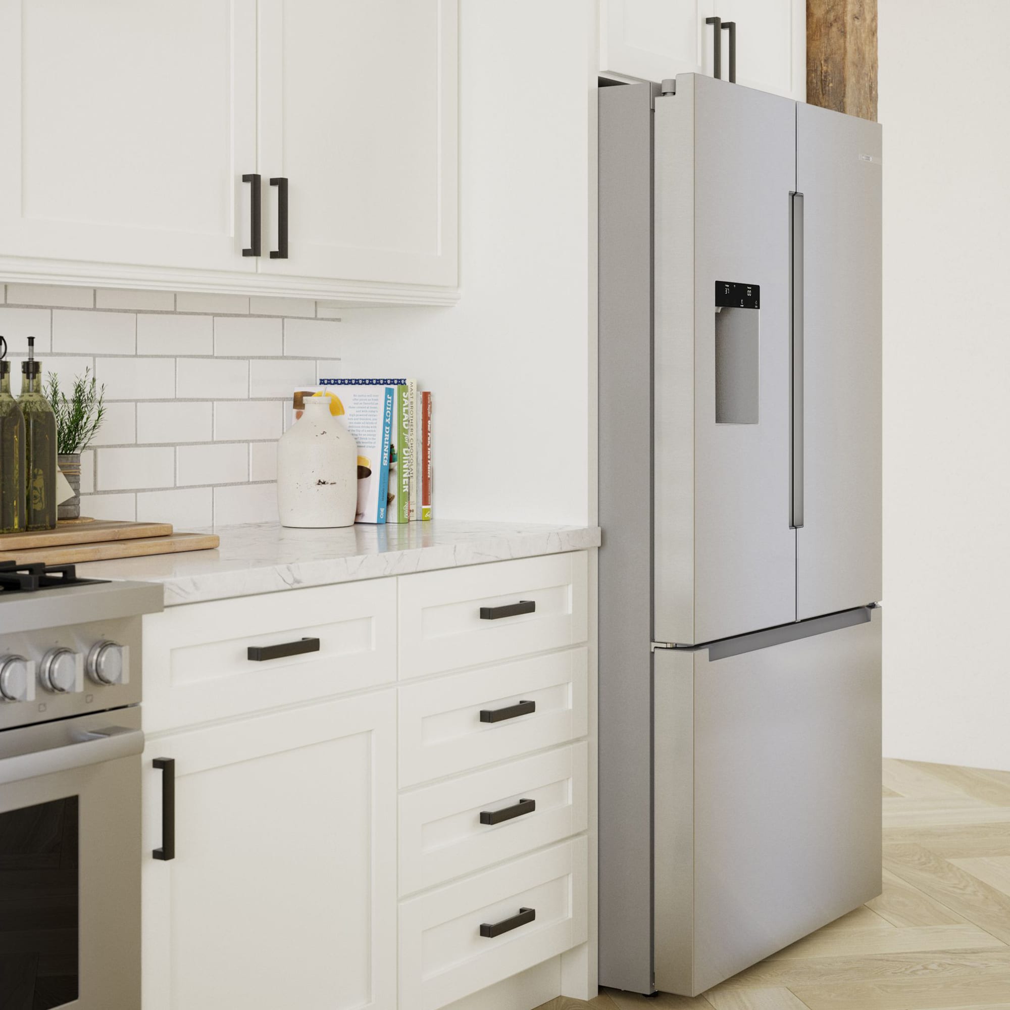 Bosch 100 Series 36 in. 26 cu. ft. Smart French Door Refrigerator with Ice & Water Dispenser - Stainless Steel, , hires