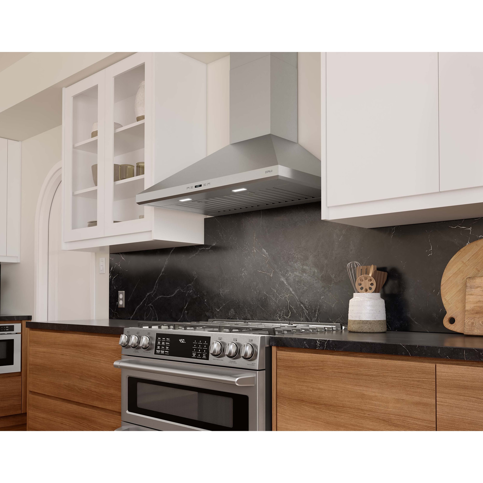 Zephyr 30 in. Chimney Style Range Hood with 5 Speed Settings, 650 CFM & 2 LED Lights - Stainless Steel, , hires