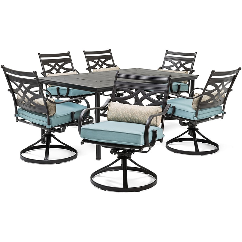 Hanover Montclair 7-Piece Dining Set with 6 Swivel Rockers - Ocean Blue, , hires