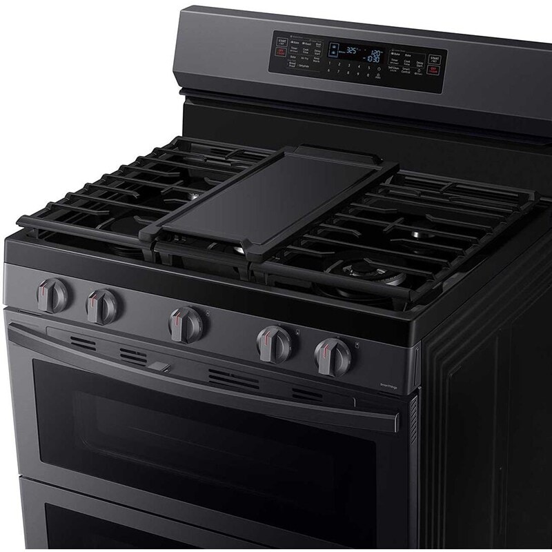 Samsung 30 in. 6 cu. ft. Smart Air Fry True European Convection Double Oven Gas Range with 5 Sealed Burners & Griddle - Black Stainless, Black Stainless, hires