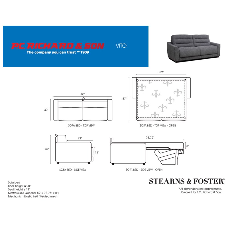 Stearns & Foster Vito Queen Sofa Bed - Charleston Ocean Blue, , hires