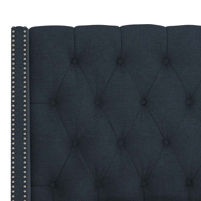 Skyline Queen Nail Button Tufted Wingback Bed in Linen - Navy, Navy, hires