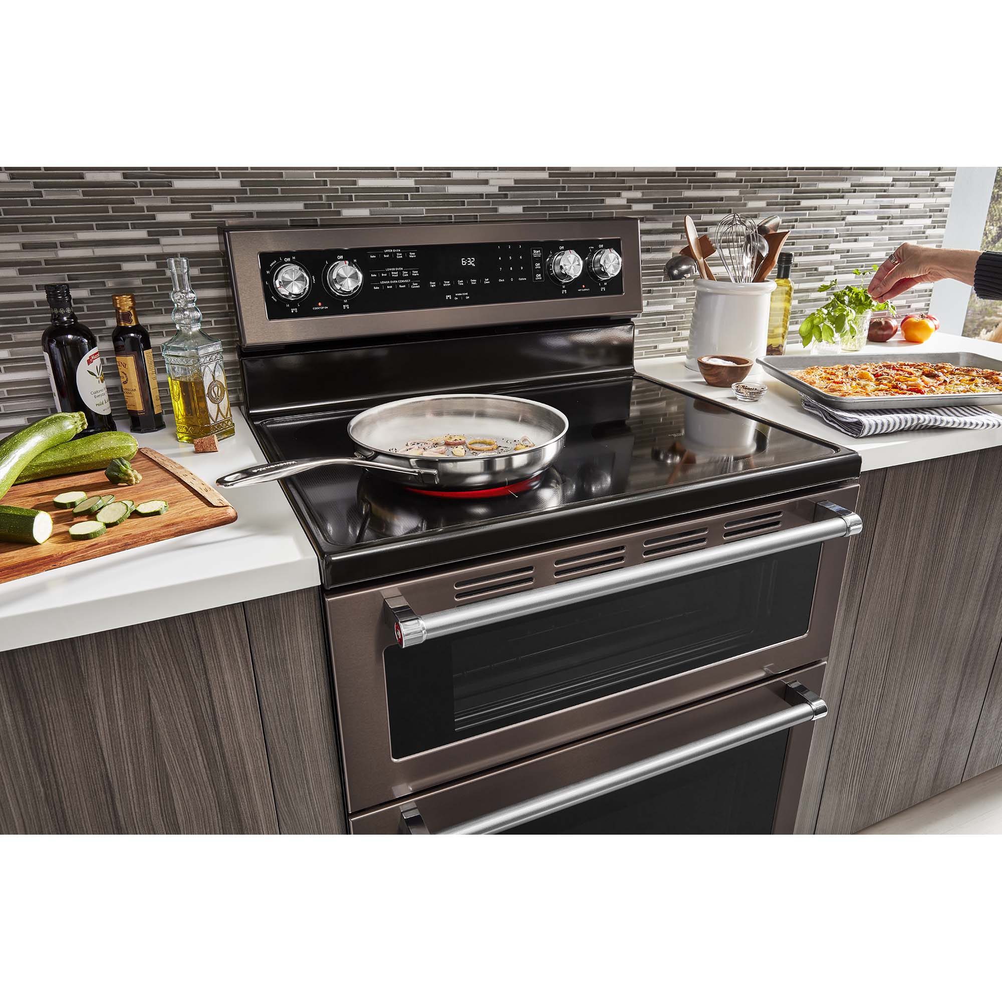 KitchenAid 30 in. 6.7 cu. ft. True European Convection Double Oven Electric Range with Radiant Burners - Black Stainless Steel with PrintShield Finish, , hires