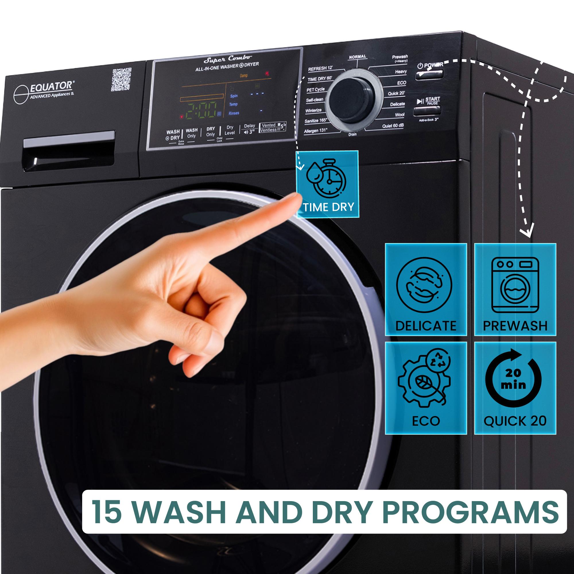 Equator 24 in. 1.6 cu. ft. Electric Front Load Vented/Ventless All-in-One Laundry Center with Pet Cycle, Sanitize Cycle & Sensor Dry - Black, Black, hires
