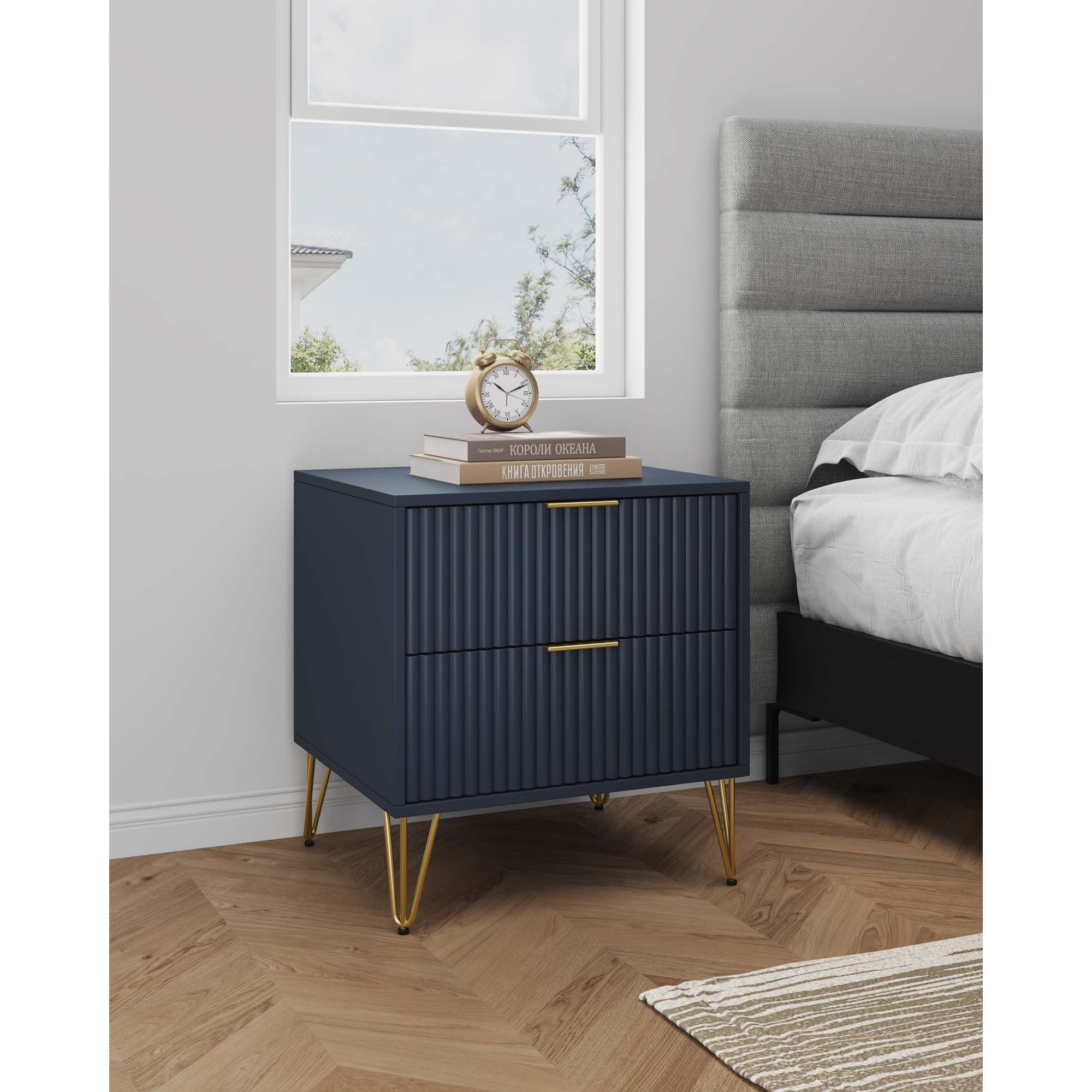 Manhattan Comfort DUMBO 2.0 Modern Nightstand with 2 Drawer & Metal Feet - Midnight Blue, Midnight Blue, hires
