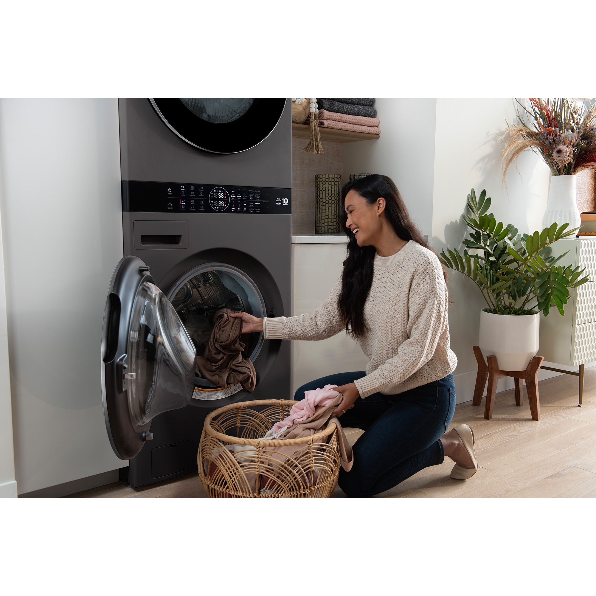 LG 27 in. 5.0 cu. ft. Smart Electric Front Load Ventless WashTower with Heat Pump, Center Control, AI Sensor Dry, Sanitize & Steam Cycle - Black Steel, , hires