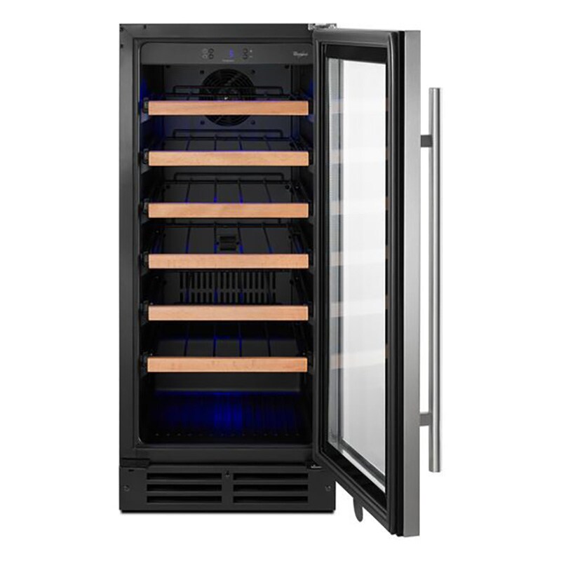 Whirlpool 15 in. Undercounter Wine Cooler with Wood Racks, Single Temperature Zone & 34 Bottle Capacity - Stainless Steel, , hires