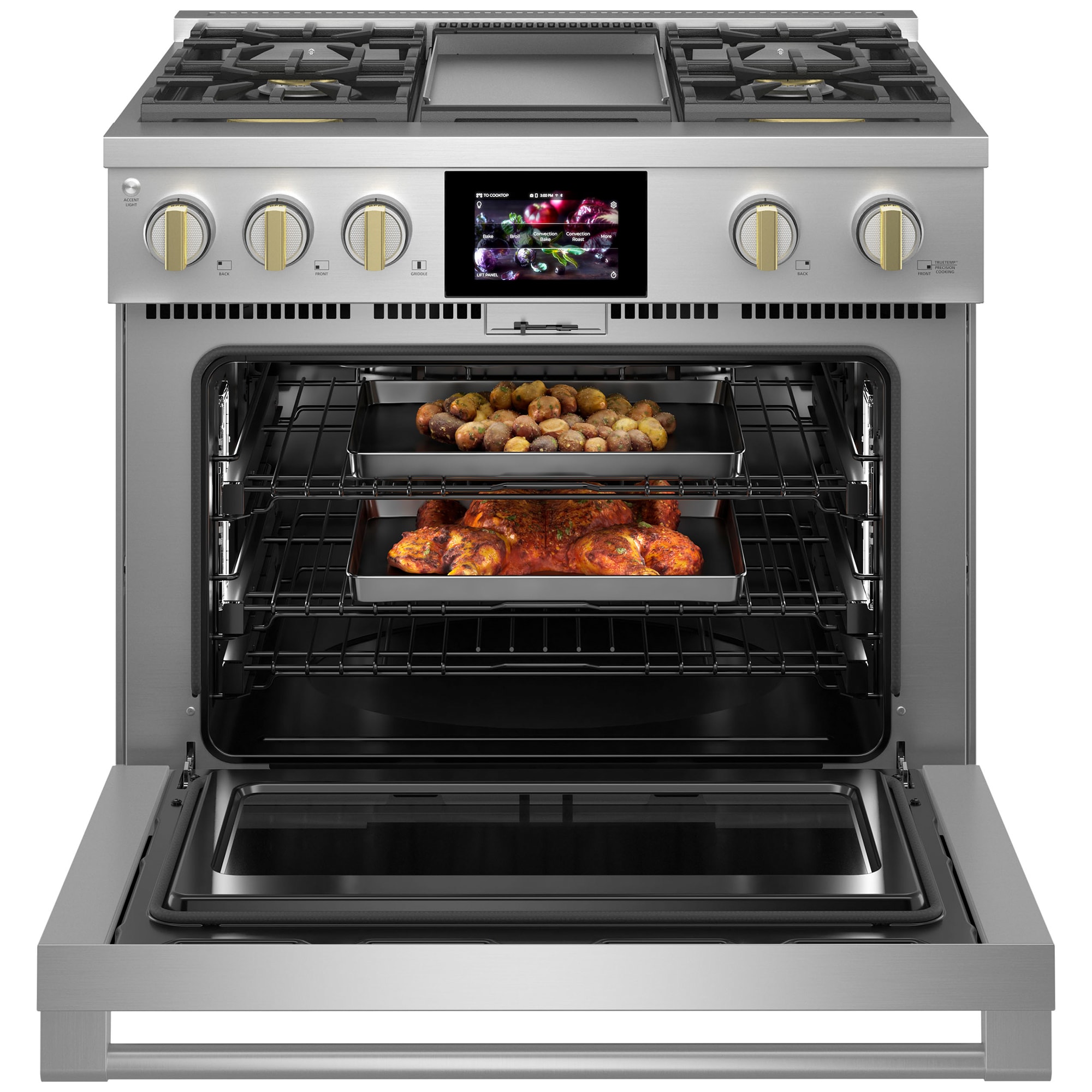 Monogram Statement Series 36 in. 5.7 cu. ft. Smart Air Fry True European Convection Dual Fuel Range with 4 Sealed Burners & Griddle - Stainless Steel, , hires