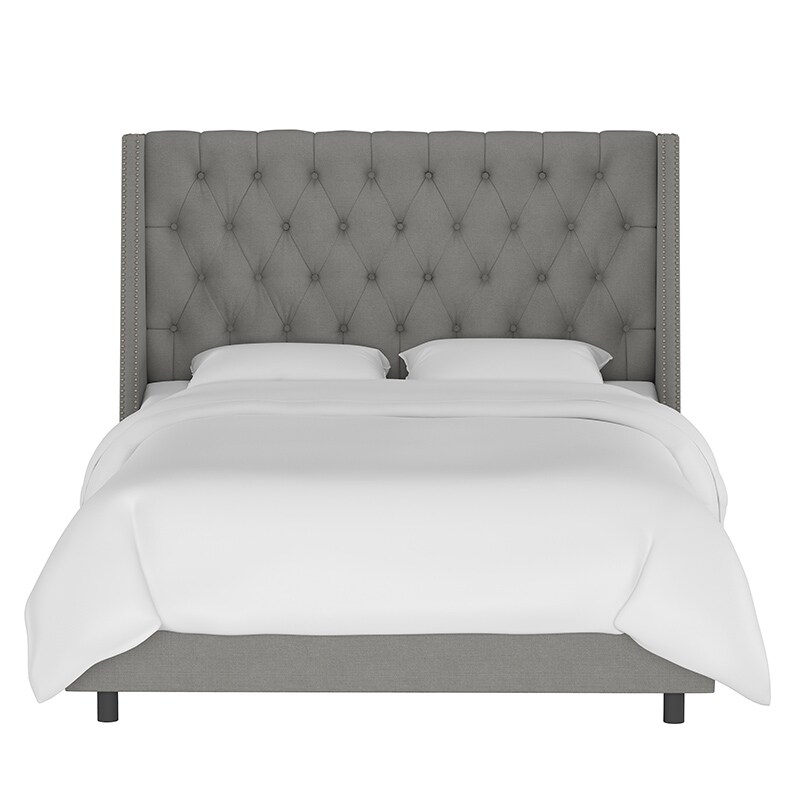 Skyline California King Nail Button Tufted Wingback Bed in Linen - Grey, Grey, hires