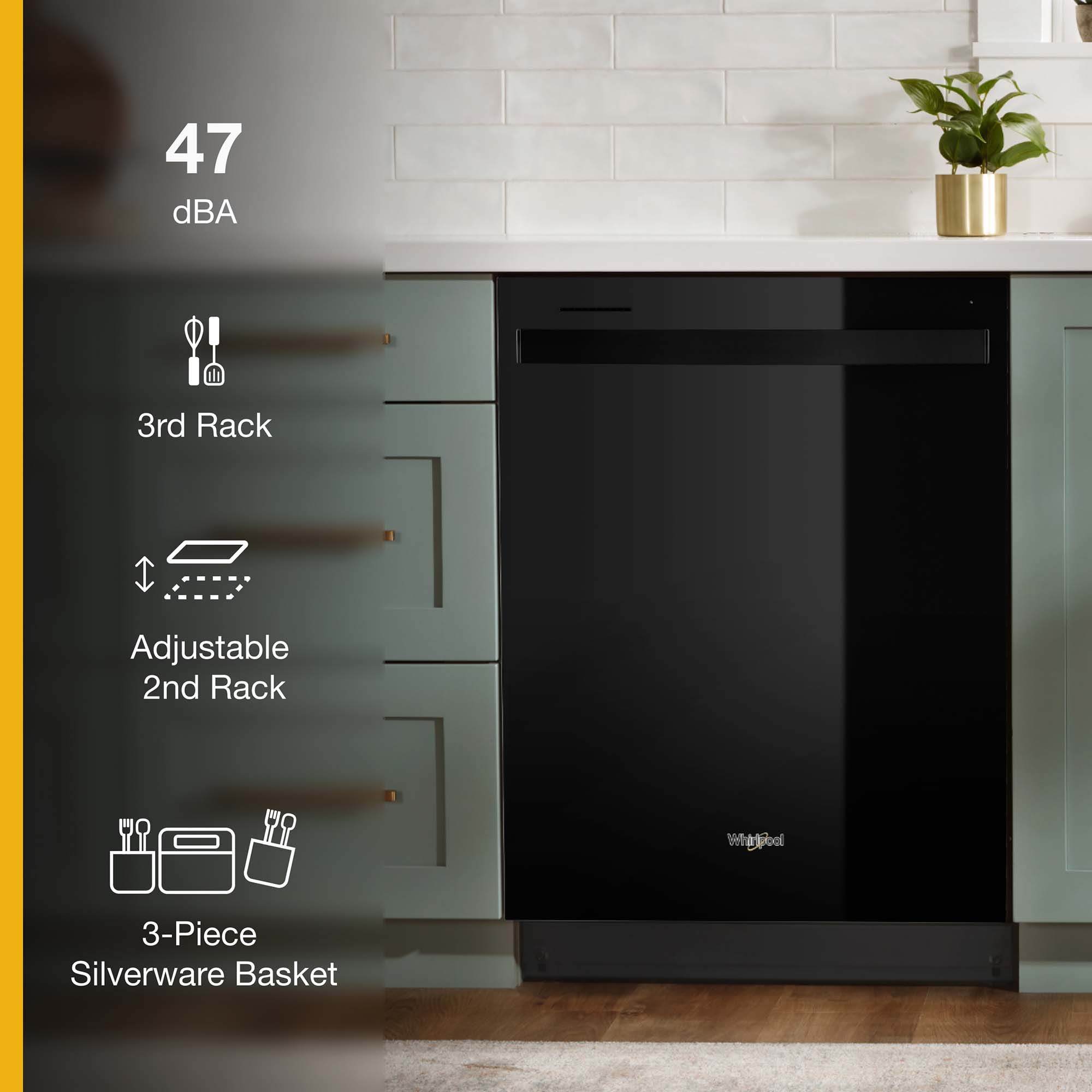 Whirlpool 24 in. Top Control Dishwasher with 47 dBa Sound Level & 3rd-Rack - Black, Black, hires