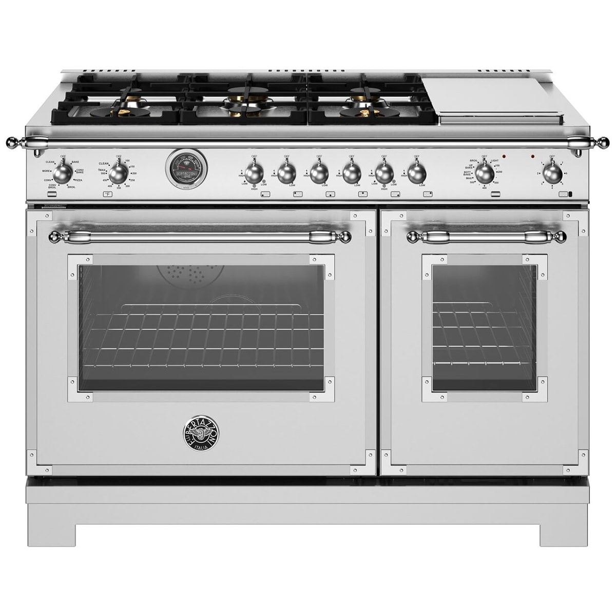 Bertazzoni Heritage Series 48 in. 7.0 cu. ft. Air-Fry Dual Convection Double Oven Dual Fuel Range with 6 Sealed Burners & Griddle - Stainless Steel, , hires
