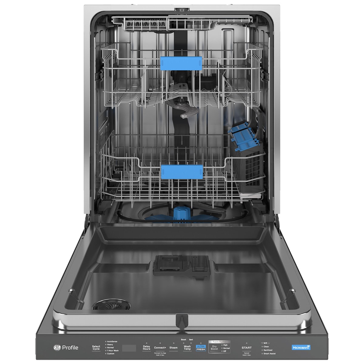 GE Profile 24 in. Top Control Flush-Mount Smart Dishwasher with 39 dBa Sound Level, 3rd-Rack, Twin Turbo Dry Boost & Pocket Handle - Fingerprint Resistant Stainless, , hires