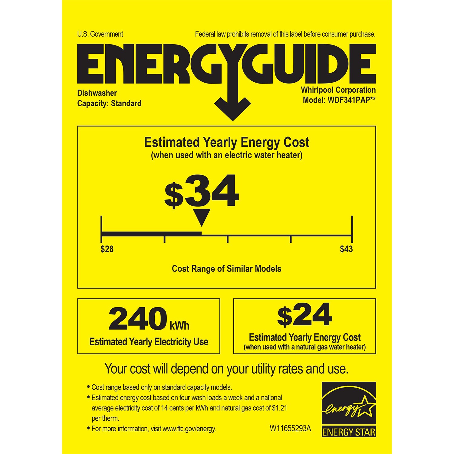 Whirlpool 24 in. Front Control Dishwasher with 57 dBa Sound Level & Pocket - Biscuit, Biscuit, hires