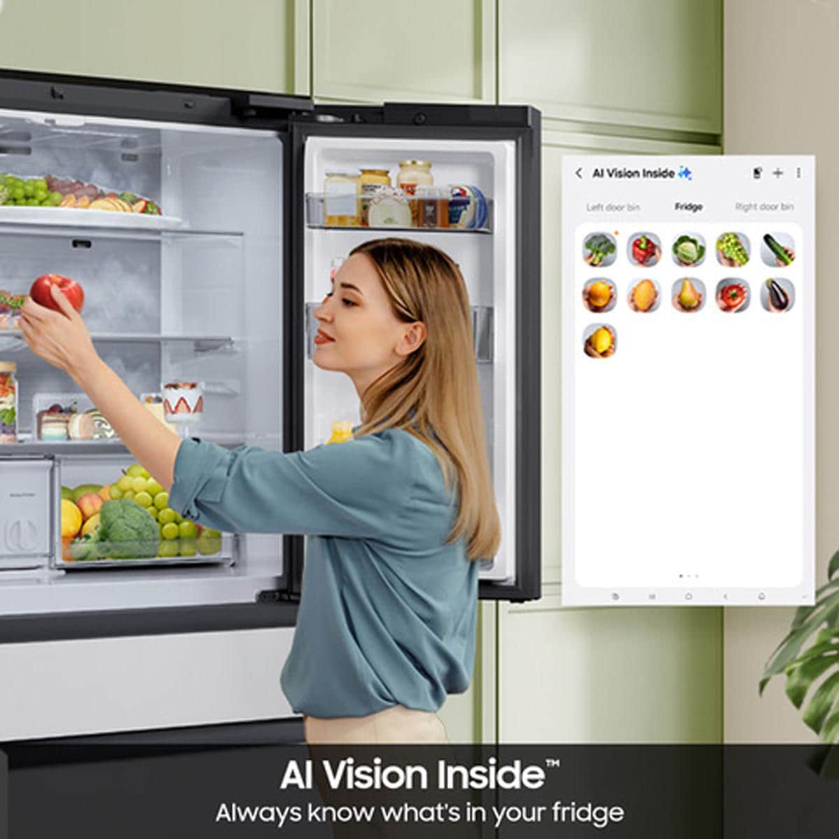 Samsung Bespoke 36 in. 28.6 cu. ft. Smart 4-Door French Door Refrigerator with AI Family Hub+, Beverage Center & Internal Water Autofill Pitcher - Charcoal Glass & Matte Black, , hires