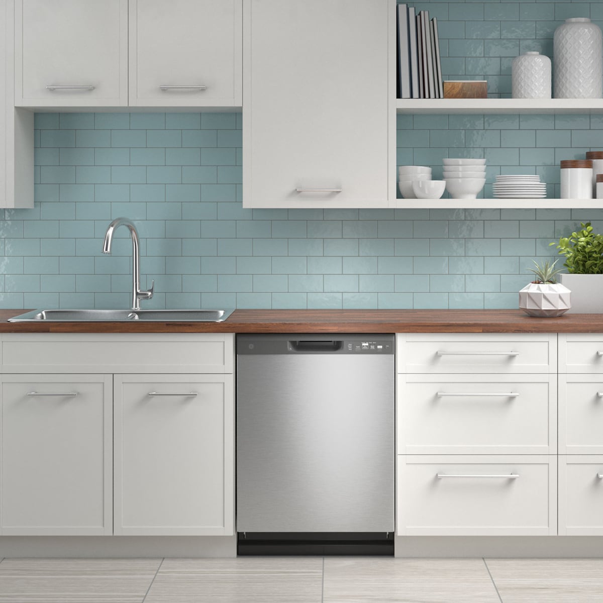 GE 24 in. Front Control Flush-Mount Dishwasher with 59 dBa Sound Level, Dry Boost & Pocket Handle - Stainless Steel, Stainless Steel, hires