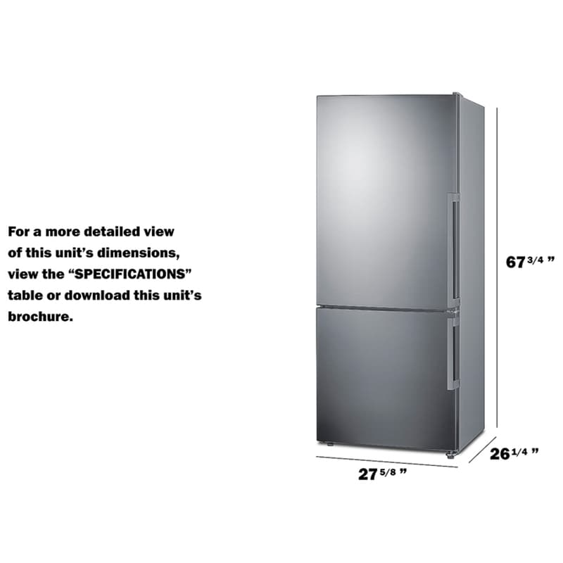 Summit Thin Line Series 28 in. 13.8 cu. ft. Counter Depth Left-Hinged Bottom Freezer Refrigerator with Ice Maker - Stainless Steel, , hires