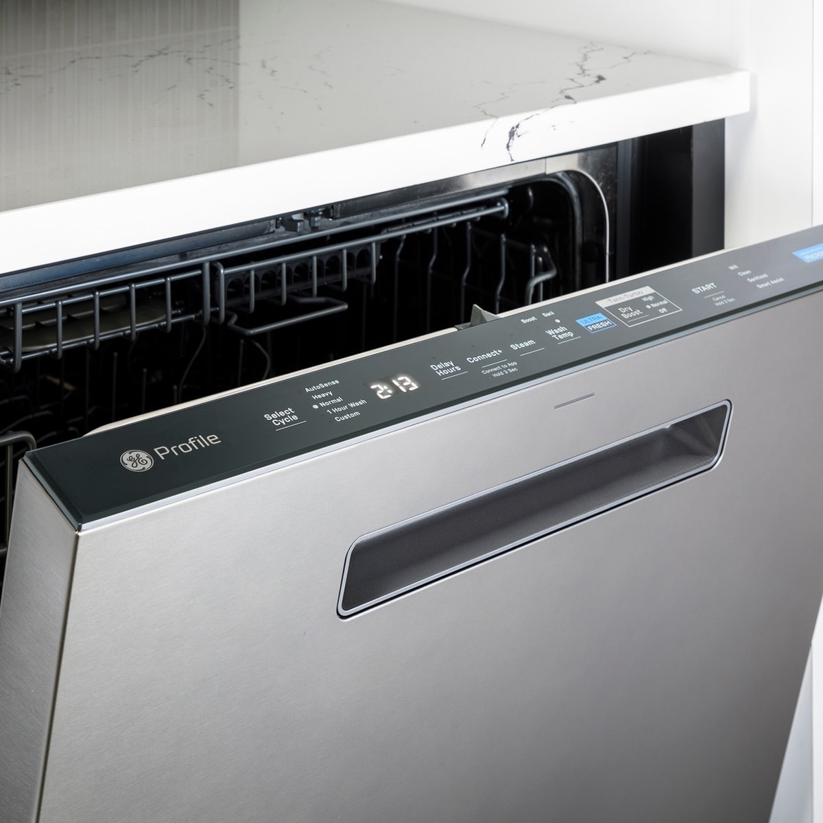 GE Profile 24 in. Top Control Flush-Mount Smart Dishwasher with 39 dBa Sound Level, 3rd-Rack, Twin Turbo Dry Boost & Pocket Handle - Fingerprint Resistant Stainless, , hires