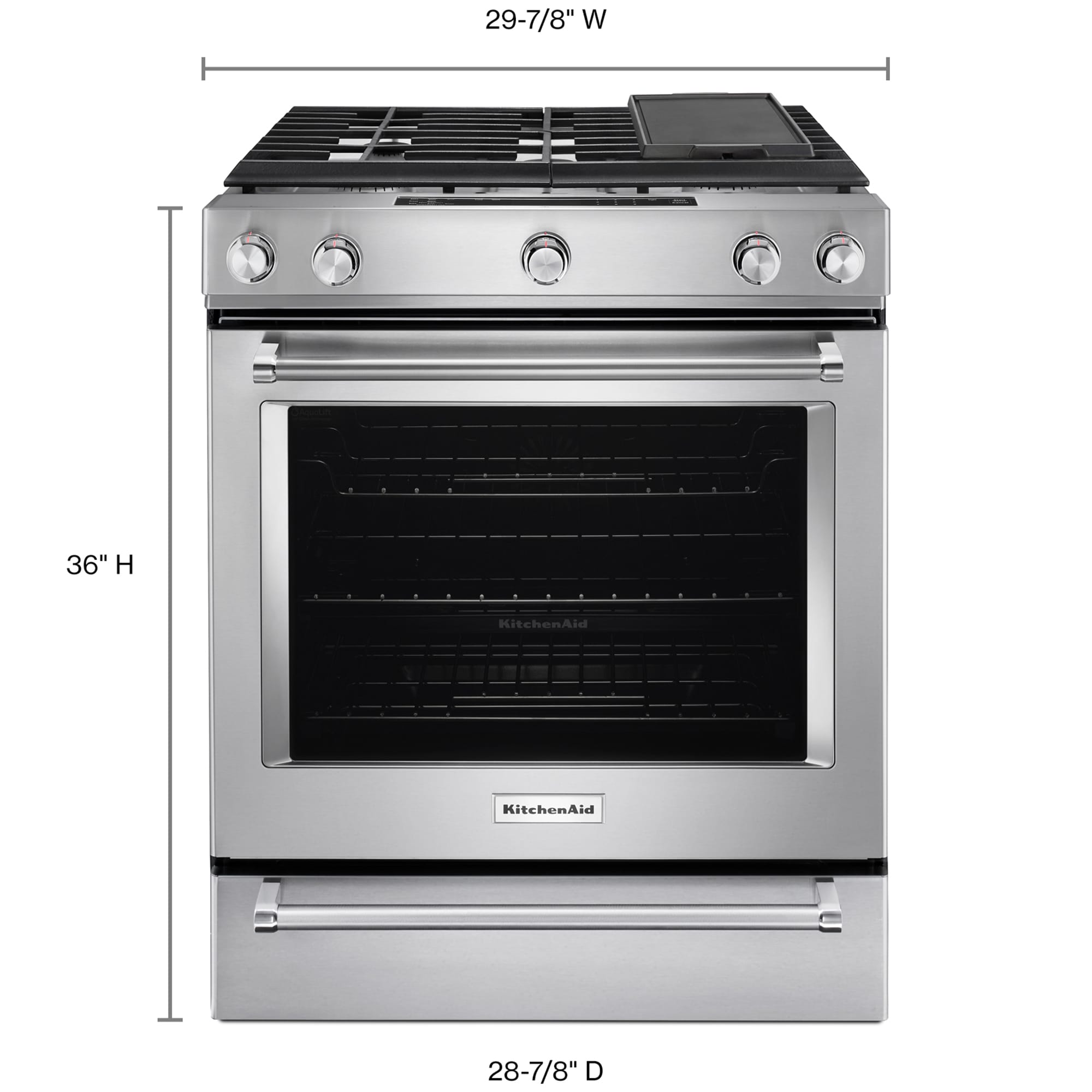 KitchenAid 30 in. 6.5 cu. ft. True European Convection Slide-In Gas Range with 5 Sealed Burners & Griddle - Stainless Steel, , hires