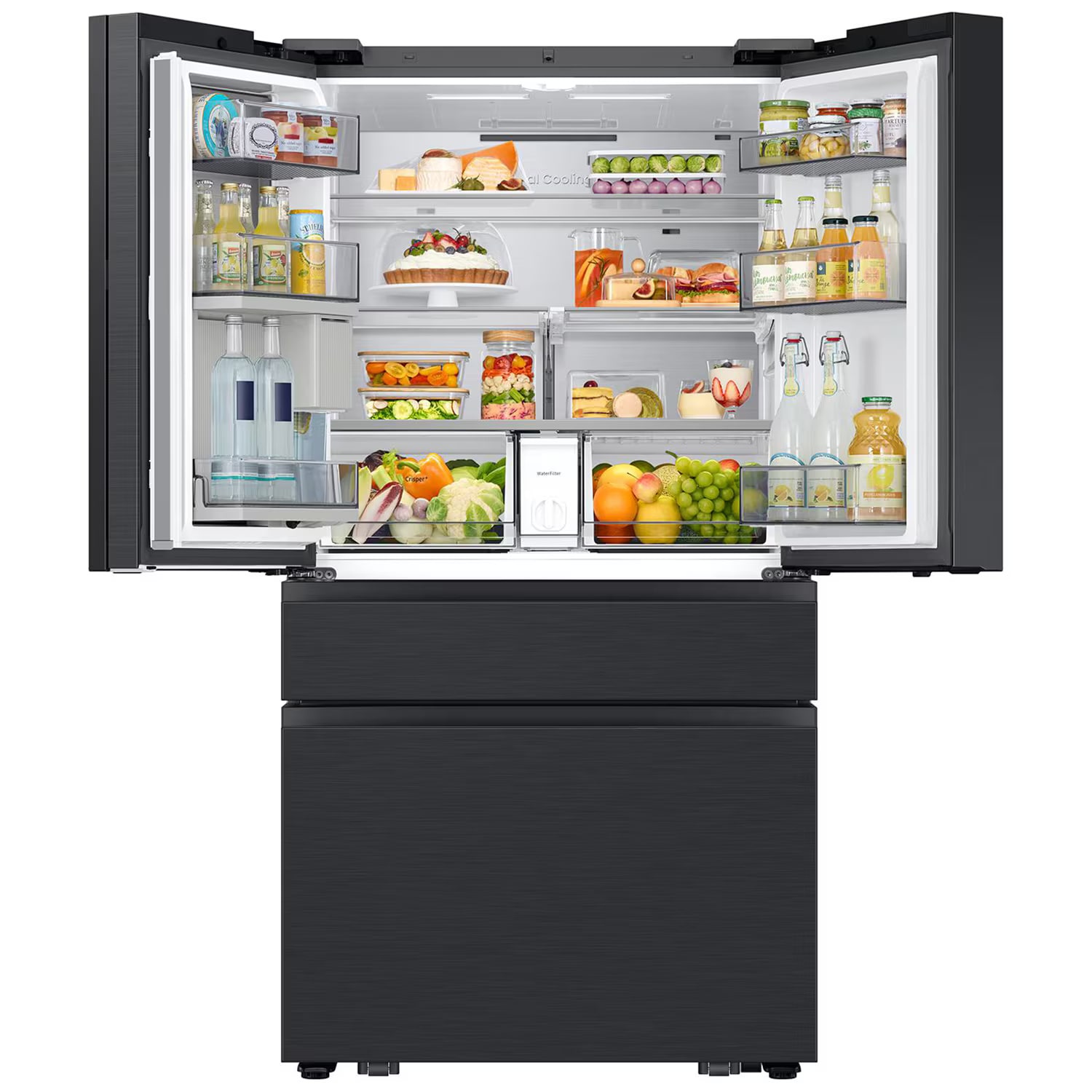 Samsung Bespoke 36 in. 28.6 cu. ft. Smart 4-Door French Door Refrigerator with AI Family Hub+, Beverage Center & Internal Water Autofill Pitcher - Charcoal Glass & Matte Black, , hires