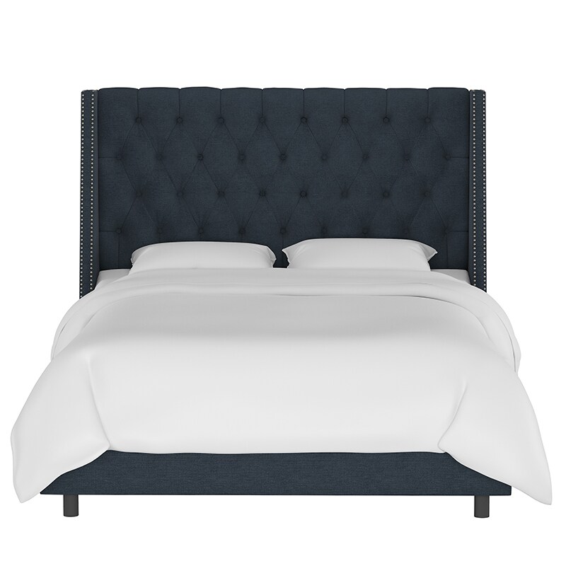 Skyline Queen Nail Button Tufted Wingback Bed in Linen - Navy, Navy, hires
