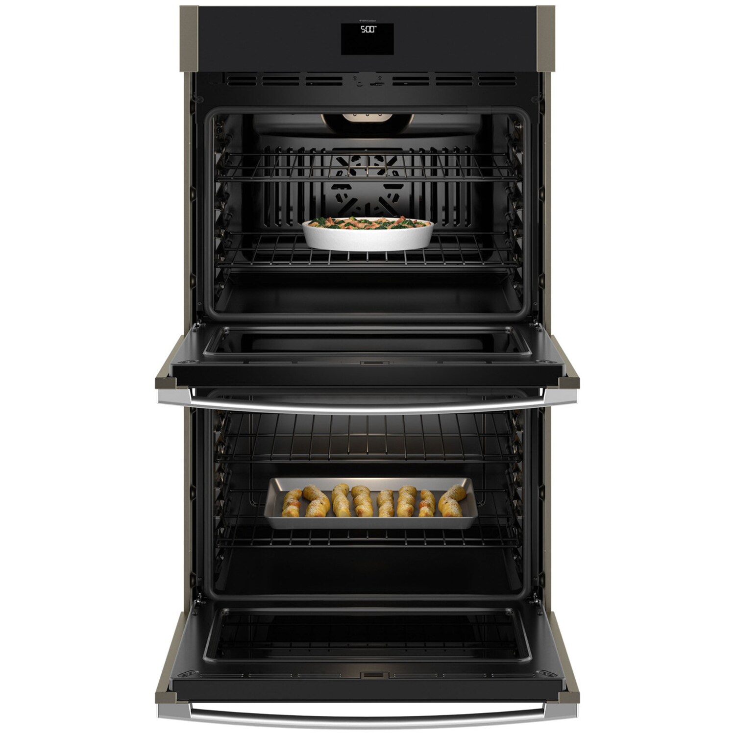 GE 30 in. 10 cu. ft. Smart Top Control Electric Double Wall Oven with True European Convection - Fingerprint Resistant Slate, , hires