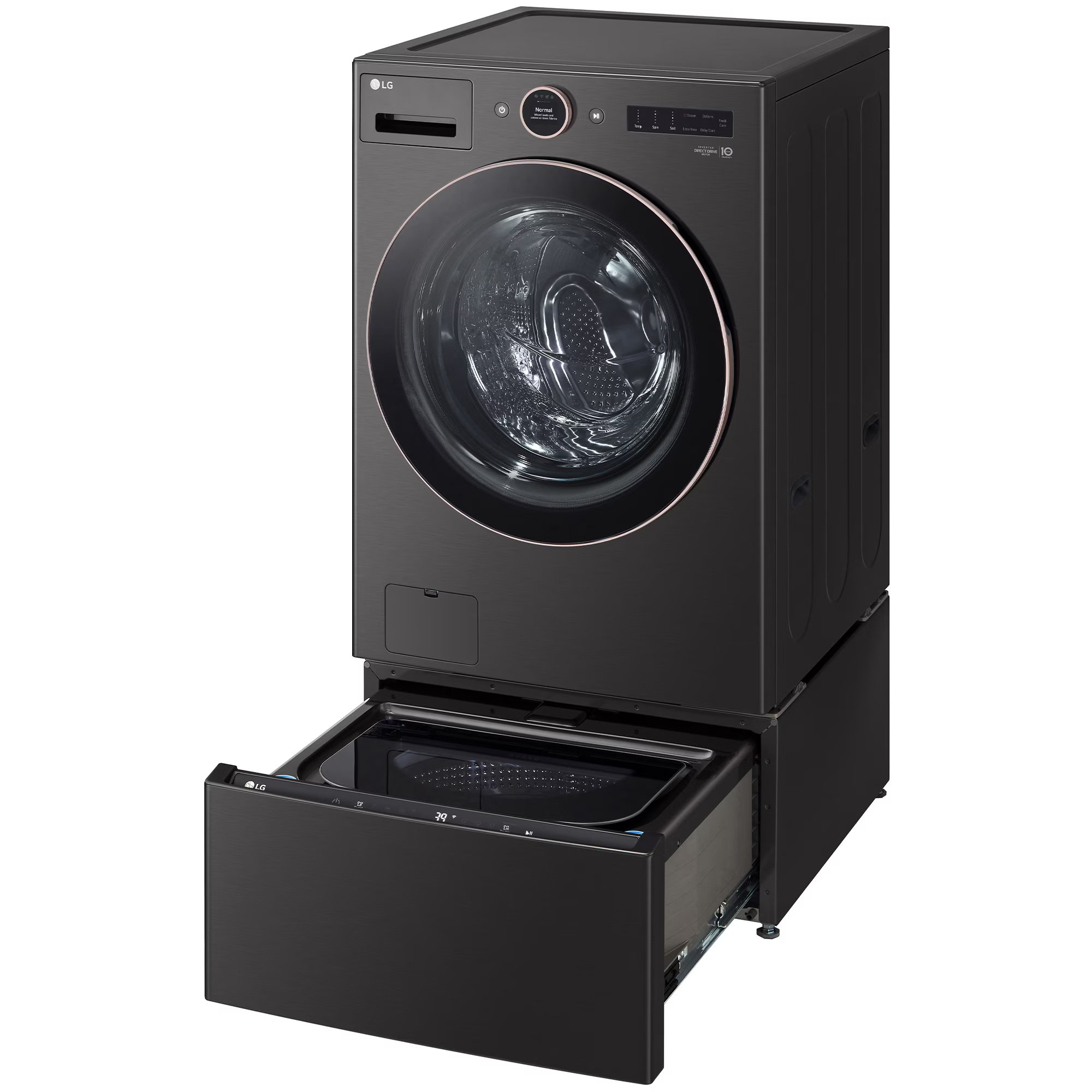 LG 27 in. 5.0 cu. ft. Smart Stackable Front Load Washer with AI DD Built-In Intelligence, TurboWash 360 Technology, Allergiene, Sanitize & Steam Wash Cycle - Black, Black Steel, hires