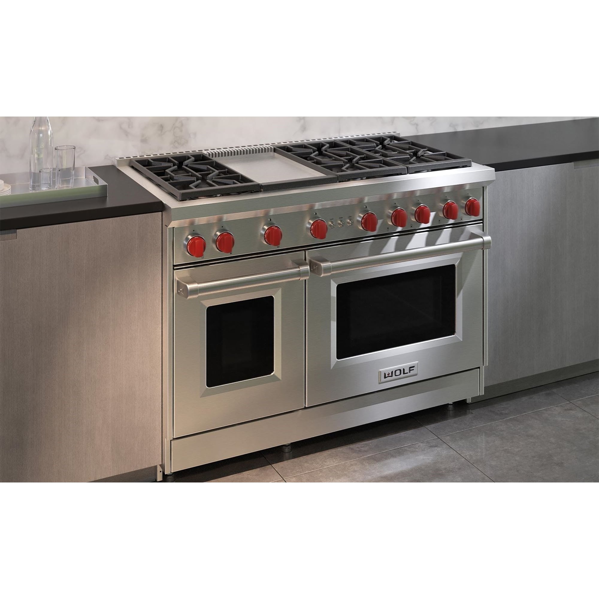 Wolf 48 in. 6.9 cu. ft. Standard Convection Double Oven Gas Range with 6 Sealed Burners & Griddle - Stainless Steel, , hires