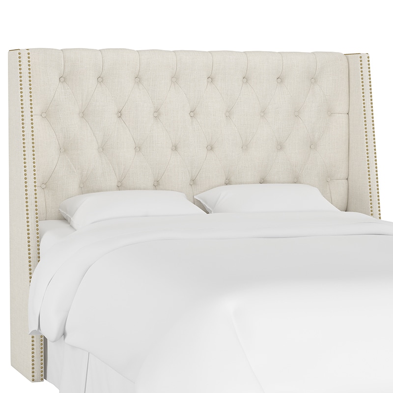 Skyline Queen Nail Button Tufted Wingback Headboard in Linen - Talc, Cream, hires