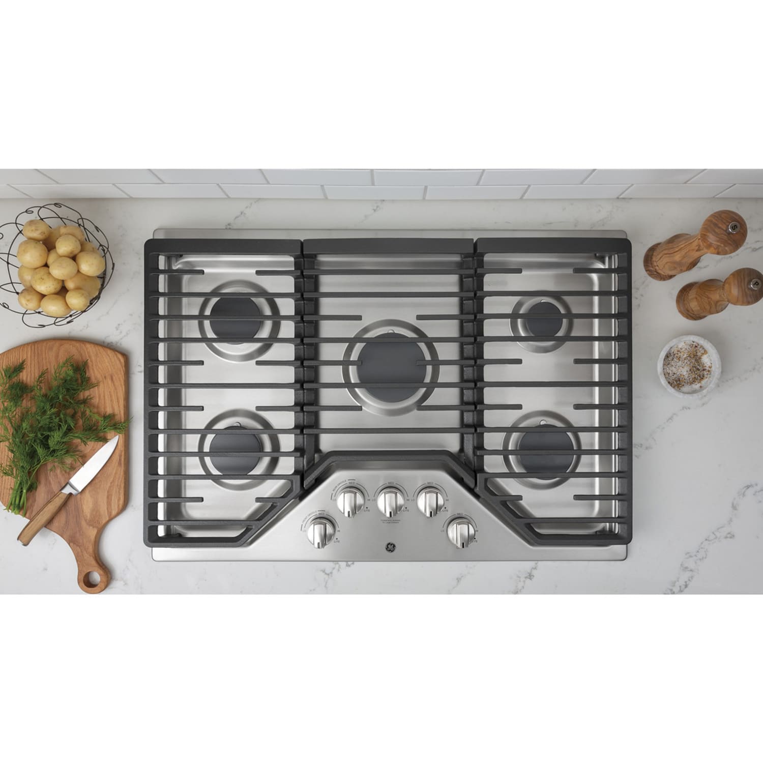 GE 30 in. 5-Burner Natural Gas Cooktop with Simmer Burner & Power Burner - Stainless Steel, Stainless Steel, hires