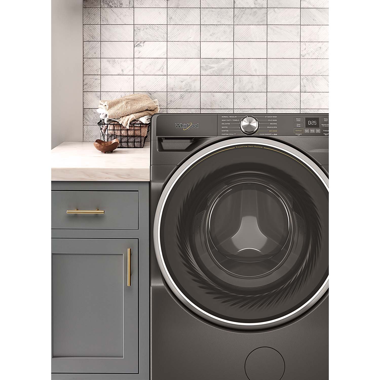 Whirlpool 27 in. 5.0 cu. ft. Smart Stackable Front Load Washer with FreshFlow Vent System, Sanitize & Steam Cycle - Volcano Black, Volcano Black, hires