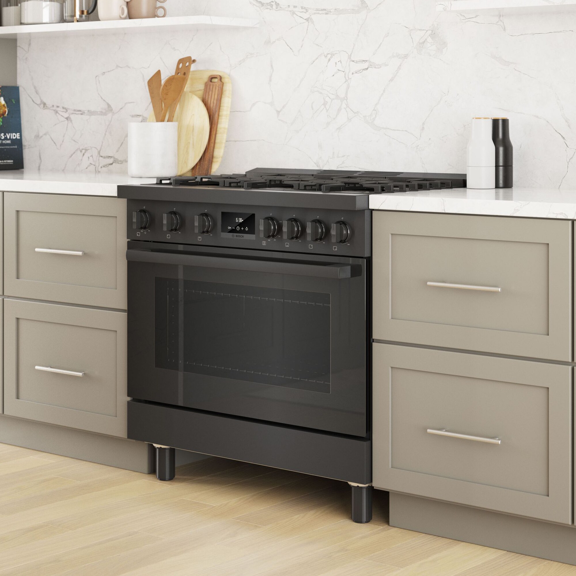 Bosch 800 Series 36 in. 3.7 cu. ft. True European Convection Dual Fuel Range with 6 Sealed Burners - Black Stainless Steel, , hires
