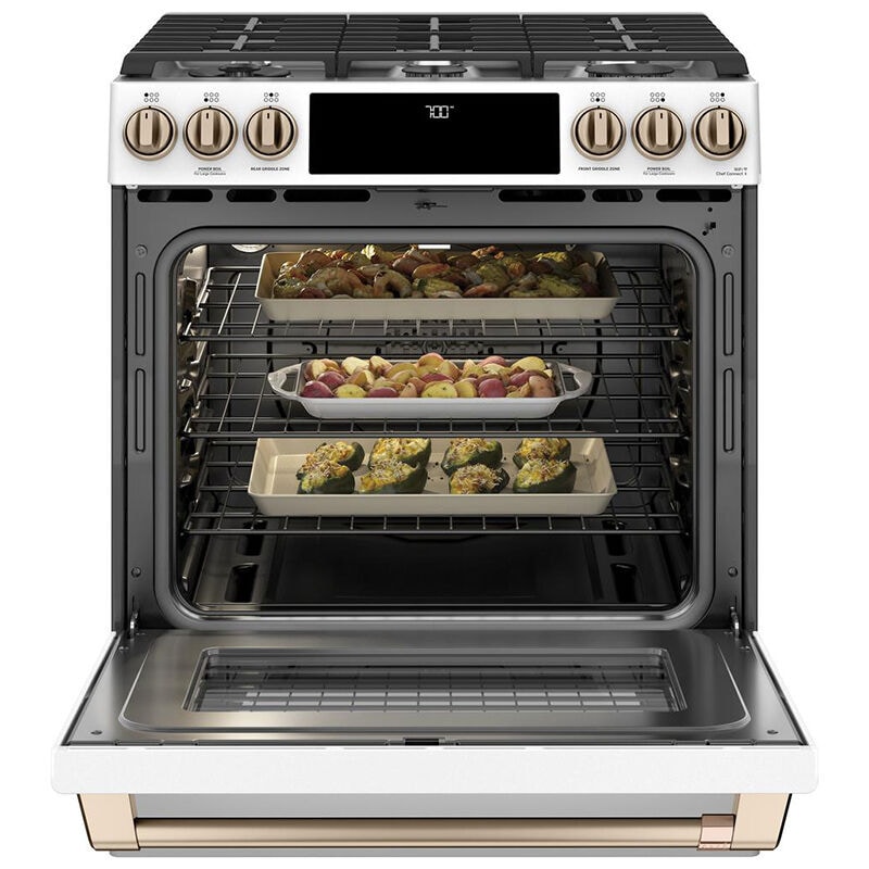 Cafe 30 in. 5.6 cu. ft. Smart Air Fry True European Convection Slide-In Gas Range with 6 Sealed Burners & Griddle - Matte White, Matte White, hires
