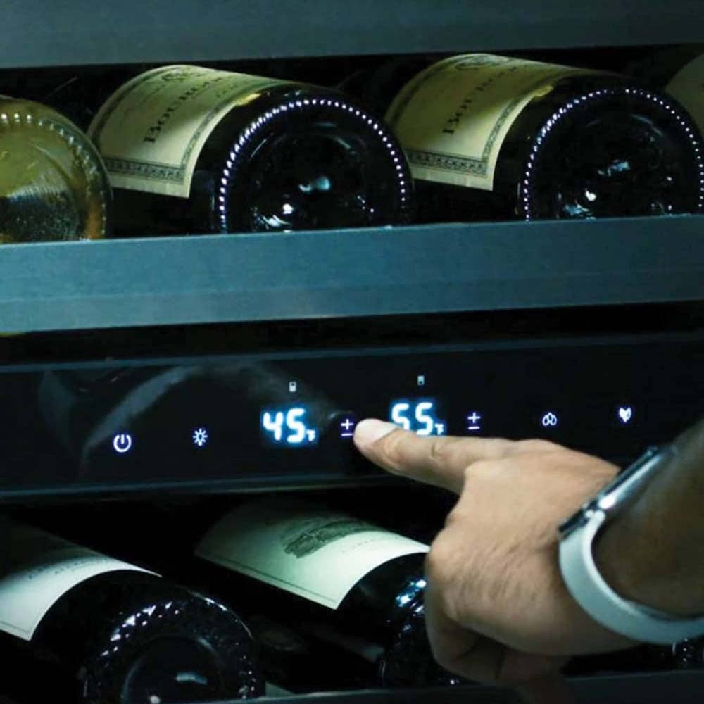 XO 24 in. Undercounter Wine Cooler with Metal Racks, Dual Temperature Zones & 46 Bottle Capacity - Black Glass, Black Glass, hires